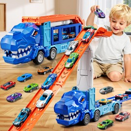 XINNOVEL Truck Toys Car Track Set for 3 4 5 6 Years Old Boys, Dinosaur Truck Transporter Car Race Track with 12 Die-Cast Racing Car Toys, Birthday Gifts for Toddlers Kids Girls Age 3 4 5 6 7 8