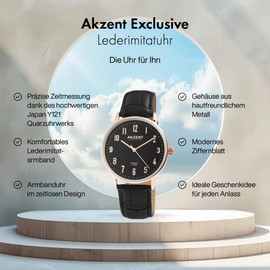 Akzent Exclusive Men's Watch Imitation Leather Watch Pin Buckle Analogue Quartz 2900149, black/black, Strap.