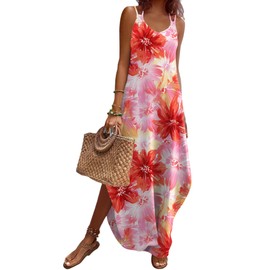 Zeagoo Sundresses for Women 2025 Women Casual Loose Sleeveless Split Travel Vacation Beach Cover Up Dress Pink Floral M