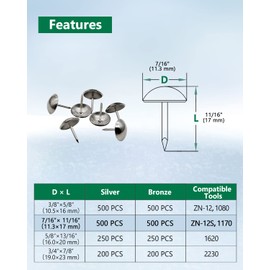 meite 7/16-in Head Dia Silver/Bronze Finish Upholstery Deco Nails for 1170/ZN-12S Decorative Nailer-500 Pcs/Box Thumb Tacks 11.3 * 17 mm Push Pins (Silver, 1 Box)