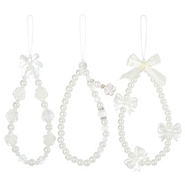 3PCS Phone Charm Strap Cute Butterfly Bow & Pearl Beaded Phone Charms Strap, Aesthetic Y2k Style Kawaii Phone Wrist Strap Lanyard for Women & Girls, White Pearl Chain Keychain
