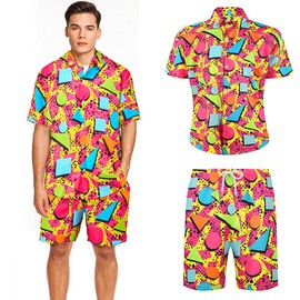 SlowTon Men's 80s 90s Outfit Retro Shirts and Shorts Set - 2 Piece Hawaiian Beach Tracksuit Shirt Shorts 80s Mens Outfit for Disco Party (Pink, Large)