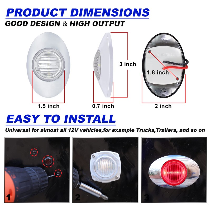 Ledvillage 3 Inch Oval Clear Lens Red LED Side Marker