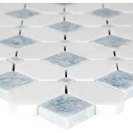Florence White Elongated Hexagon with Bluish Square Geometric Marble Mosaic Floor and Wall Tile for Bathroom Walls, Kitchen Backsplashes, Accent Wall, Fireplace Surround (Sample Swatch)