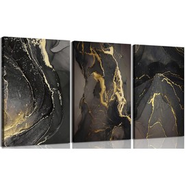 Kyiyhzp 3Pcs Abstract Black Gold Canvas Wall Art Modern Minimalist Wall Decor Prints Black gold grey pictures Marble painting artwork for Bedroom Office Home Decoration Ready to hang 12x16in