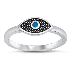 CloseoutWarehouse Round Blue Simulated Center Opal Beaded Evil Eye Ring Sterling Silver Size 8