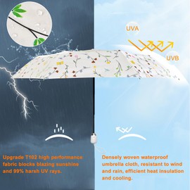 Cuby UV Sun Umbrella Compact Folding Travel Umbrella Auto Open and Close for Windproof, Rainproof & 99% UV Protection Parasol with Black Anti-UV Coating (Butterfly Flower)