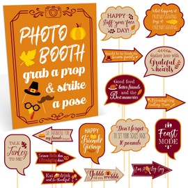 Amyhill 33 Pcs Fall Thanksgiving Photo Booth Sign with Stand Props Kit Friendsgiving Photo Booth Prop for Thanksgiving Fall Outdoor Party Theme Event Photography Props Desktop Decoration Supplies