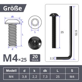 ORTAVA ORTAVA 20 Stck M4 x 25 Linsenkopfschrauben, Rundkopfschrauben ISO 7380, Flachkopfschrauben, Innensechskant Kohlenstoffstahl Vollgewinde mit Innensechskantschlsseln