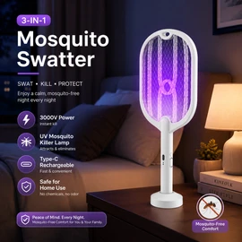 3-in-1 Electric Mosquito Swatter for Home Pest Control – Type-C Rechargeable Bug Zapper Racket with UV Lamp