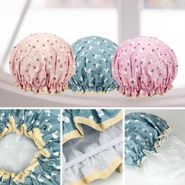 1 Pack Shower Cap for Women, Oil-proof Caps, Double Layers Waterproof Reusable Bath Caps With Ruffled Edge Covering for Girls, Women, Ladies, Kids (Blue Bird)