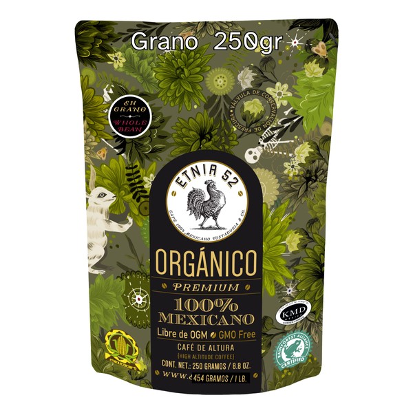 Etnia 52 | Café Orgánico en Grano de Altura | Tostado Oscuro | Cuerpo Medio y Aroma de Especies Florales | 250 g
