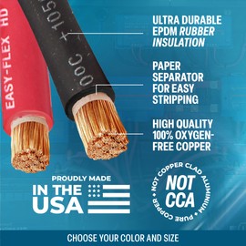 TEMCo 6 Gauge AWG 25 Ft Black + 25 Ft Red Flexible Pure Copper Made in USA Welding Cable Battery Wire - Heavy Duty Solar, Inverter, Car, RV, Truck