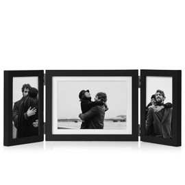Tamolus 3 Vertical Horizontal Hinged Wood Picture Frame 4x6 and 5x7 Triple Folding Photo Frame Home Decor with Real Glass Front in Black for Tabletop, Display 4x6 with Mat or 5x7 without Mat