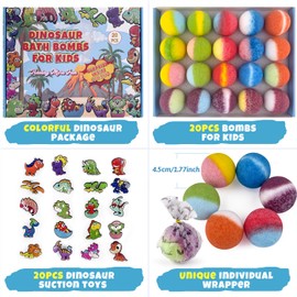 20 Bath Bombs for Kids with Dinosaur Suction Cup Surprise Inside, All Natural Organic Bath Bombs for Girls and Boys Birthday Christmas Colorful Bubble Bombs for Toddlers