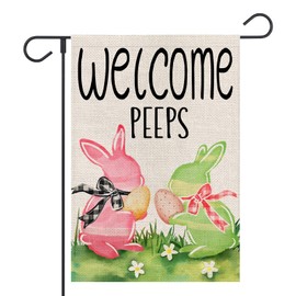 FUYUCHEN Welcome Peeps Easter Garden Flag 12x18 Inch Double Sided Outside Eggs Bunny Bow Yard Holiday Flag