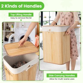 MAT EXPERT Bamboo Laundry Basket, 72L Clothes Hamper with Removable Liner & Lid, Top Lifting & Side Carrying Handles, Collapsible Space Saving Laundry Hamper for Bedroom, Bathroom, Laundry (Natural)