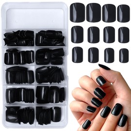 Bellelfin 240pcs Short Press on Nails Black Full Cover Short Square Fake Nails Glossy Acrylic Artificial False Nail Tips with 5 Sheets Adhesive Glue Tabs for Women and Girls Fingernails Design