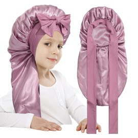 AWAYTR Long Toddler Silk Bonnet for Sleeping Elastic Satin Bonnets for Curly Hair Braid Night Cap for Aged 3-12 Kids (Rose Gold)