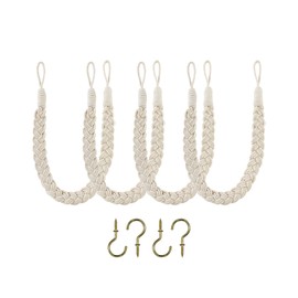 Home Queen - Lazos de cortina trenzados a mano, con hebilla y cierre de hebilla, lazo de cortina de algodón, 4 cuerdas con 4 ganchos de metal, color blanco roto