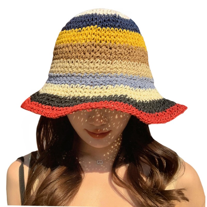 Rainbow Striped Straw Sun Hats for Women Girls Packable UV