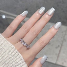 Cat Eye Press on Nails Short Square Fake Nails Shiny Glitter Acrylic Nails Glossy Light Blue False Nails Full Cover Gel Glue on Nails White Stick on Nails for Squoval Manicure 30Pcs