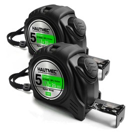 HAUTMEC 16 Ft (5m) Heavy Duty Compact AutoLock Black Tape Measure, Self-Lock, 1" Wide Black Rigid Blade, Dual Sided Rule Print 2 Pack, HT0100-TM
