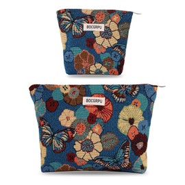 BOCGRPU 2 PCS Makeup Bag Set，Portable Small Cosmetic Bag for Purse ，Large Storage Capacity，Travel Pouch with Zipper for Women,（Flower Blue）, Flower Garden Blue, Makeup Bag Set With Zipper