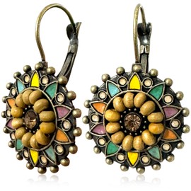 JIMARIN Bohemian Vintage Bronze Geometry Round Enamel Flower Dangle Hoop Lever Back Earrings Ethnic Handmade Wooden Beaded Circle Disc Teardrop Dangle Drop Earrings For Women (Vintage Bronze Round)