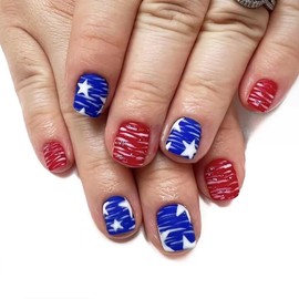 4th of July Fake Nails Short Press on Nails Red Blue Square Acrylic Nails with Star Design Matte False Nails Independence Day Press ons Stick on Nails for Women Girls 4th of July Parade Manicure 24Pcs