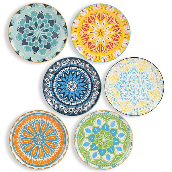 AHX Plate Set 8 Inch - Salad Plates | Dessert Appetizer Plates Colorful - Porcelain Lunch Plates - Set of 6 - Dishwasher and Microwave Safe