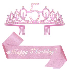 Leixi 5th Birthday Decorations for Girls,Pink Birthday Sash and Crown Tiara Set,Happy 5th Birthday Party Supplies (Pink 5th)