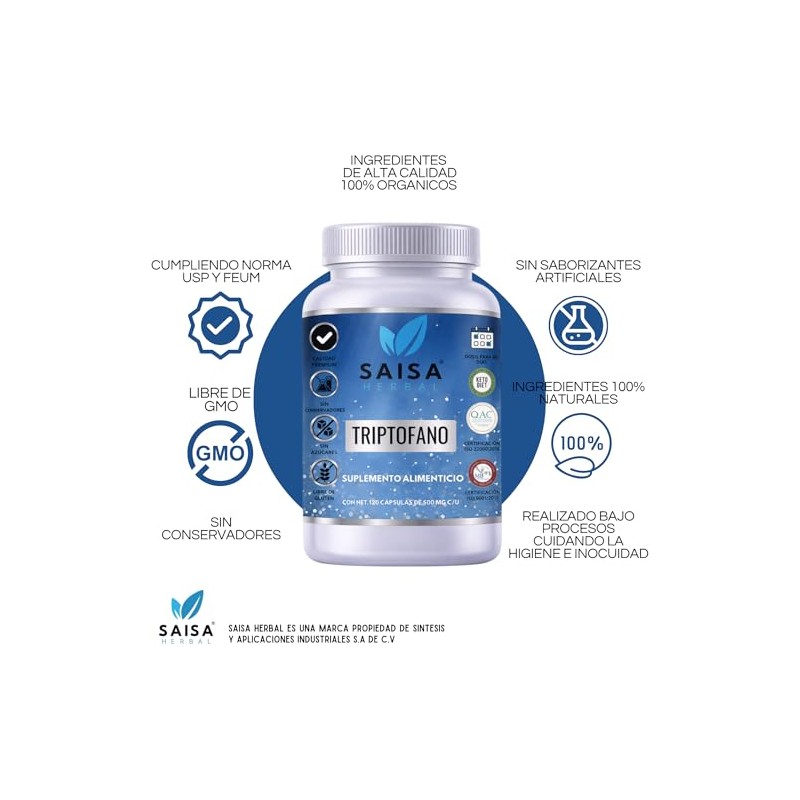 L-triptófano 120 Cápsulas Saisa Herbal | Sueño, Ánimo Y Estrés