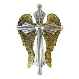 Top Brass Decorative Angel Wing Wall Cross – Gold and Silver Wings Religious Hanging Décor – Christian Home Accent – Inspirational Faith Sculpture
