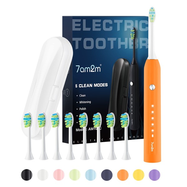7AM2M Sonic Electric Toothbrush for Adults and Kids, with Travel Case and 8 Brush Heads, 5 Modes with 2 Minutes Build in Smart Timer, Roman Column Handle Design (Orange)