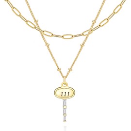 BONALUNA Angel Number Dainty Gold Necklace - 2 Layered & Separate Chains with Key Crystal Embellished Penant for Women, Perfect Jewelry for Gifts