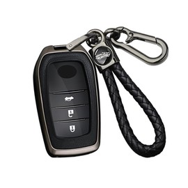 ontto Alloy Car Key fob Cover Fit for Toyota Land Cruiser 200 300 Prado Crown TLK 200 Yaris Cross Hilux Innova Fortuner Camry Leather Key case Shell Key Holder Keyring Keychain Accessories Black