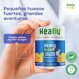 HEALLY Kids | Calcio + Vitamina D3 K2 y E Para Niños | 60 Tabletas Disolubles | Fórmula para niños en etapa de crecimiento | Vegano Con Sabores y Colo