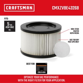 CRAFTSMAN CMXZVBE43268 Genuine HEPA Media Ash Vac Replacement Vacuum Filter and Prefilter for CRAFTSMAN CMXEVBE17585 5 Gallon Ash Vacuum, Dry Only, Traps Cool Ash and Fine Dust