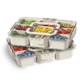 riyeloi Snackle Box Container, Portable 9 Compartments Divided Serving Tray with Lid and Handle, Clear Snack Box, Stackable Snack Platters Organizer for Fruits, Candies, Vegetables, Nuts-2 PACK