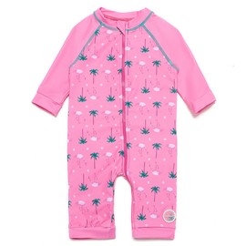 BONVERANO Baby Girl One-Piece Swimsuits Full Front Zip Sunsuit UPF50+ Sun Protection Long Sleeve with Swim Cap(PINKCOCO,24-36 Months)