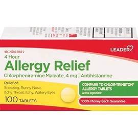 Leader 4 Hour Allergy Relief, Chlorpheniramine Maleate Tablets, Antihistamine, 4 mg, 100 Count, Pack of 3