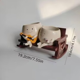 ERRSOU Smiley Face Planter Pot, Cute Funny Heart Rocking Chair Double Head Face Planter Pot with Unique Guitar and Microphone for Indoor Outdoor, Succulent Flower Pots with Drainage Hole ﻿