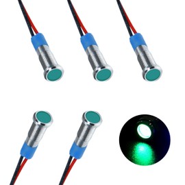 ZIMISI 5PCS 6MM 1/4" LED Indicator Light, AC/DC 12V-24V Metal Signal Pilot Lamp with 145mm Wire, Waterproof IP66 Auto LED Dash Lights for Cars Trucks Boats (Green)