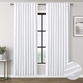 White Linen Blackout Curtains for Bedroom 72 Inch Length 2 Panels Set Back Tab Pocket Neutral Farmhouse Living Room Darkening Curtains Track System Thermal Insulated Black Out Drapes 52x72