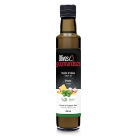 Huile d'olive vierge extra au Pesto, Bouteille en verre foncé de 250 ml, Olives et gourmandises