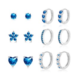 ITESSY Silver Earrings for Women Girls, 6 Pairs Huggie Earrings, Silver Stud Hoop Earrings Set Heart Flower Earrings, Hypoallergenic Cartilage Sleeper Earrings Jewellery Gift Christmas, Blue