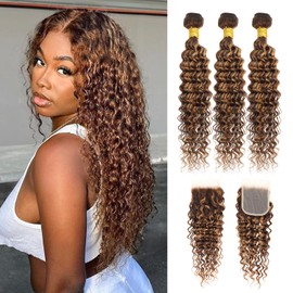 AUROO Honey Blonde Highlight Brazilian Deep Wave Human Hair Bundles with Closure, 10A Soft Thick Ombre Brown Curly 100% Human Hair Bundle with Free Part HD Transparent Lace 4x4 Closure (12 14 16 + 12)