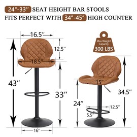 FIRAVOE Bar Stools Set of 3, Brown Swivel Bar Stools with Back, Adjustable Bar Stool 24"-33", Faux Leather Upholstered Bar Stool, Counter Height Barstools for Kitchen Island (Brown, 3PCS)