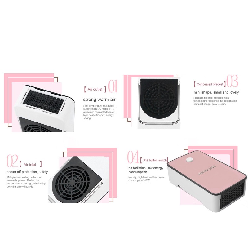 Mini Space Heater Pink Fast Heating Rotatable Holder Anti Slip